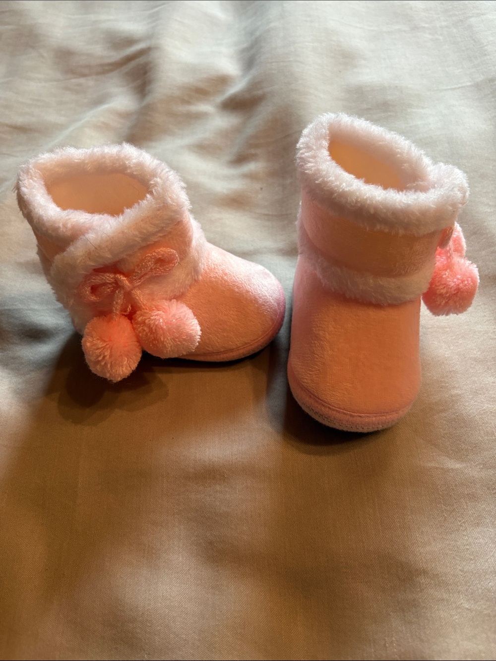 Baby Pink Fuzzy Pom Pom Booties - Infant Walker Shoes - Size 2.5